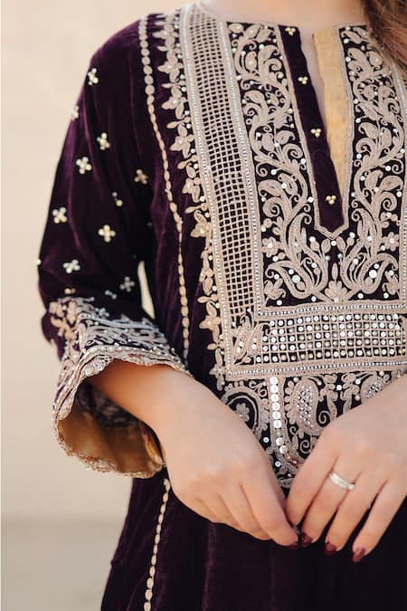 Sheetal Batra Wine Silk, Velvet Embroidery Round Neck Kirandori Kurta And Salwar Set Online at Aza Fashions Sheetal Batra_Wine Silk, Velvet Embroidery Round Neck Kirandori Kurta And Salwar Set _Online_at_Aza_Fashions