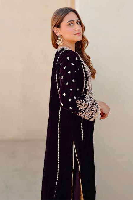 Buy Sheetal Batra Wine Silk, Velvet Embroidery Round Neck Kirandori Kurta And Salwar Set Online at Aza Fashions Buy_Sheetal Batra_Wine Silk, Velvet Embroidery Round Neck Kirandori Kurta And Salwar Set _Online_at_Aza_Fashions