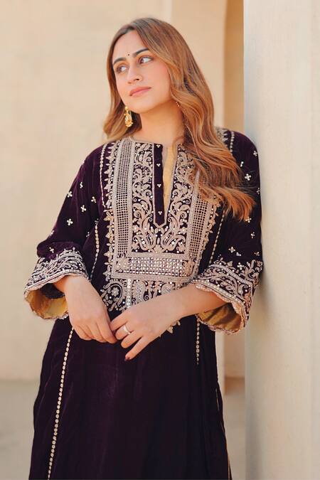 Shop Sheetal Batra Wine Silk, Velvet Embroidery Round Neck Kirandori Kurta And Salwar Set Online at Aza Fashions Shop_Sheetal Batra_Wine Silk, Velvet Embroidery Round Neck Kirandori Kurta And Salwar Set _Online_at_Aza_Fashions