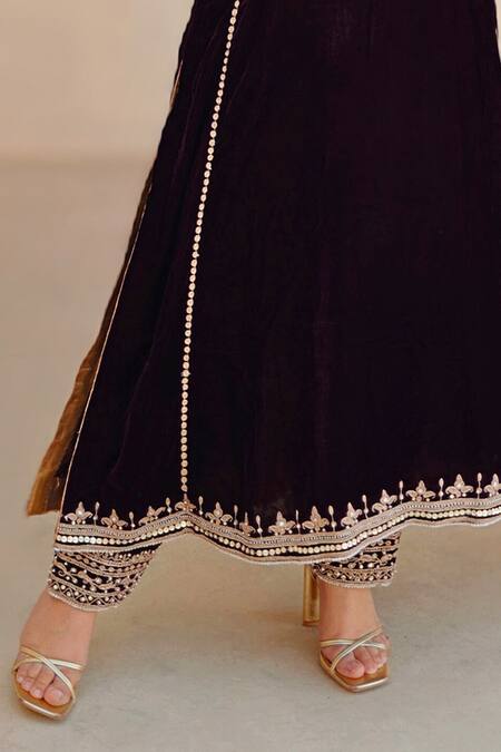 Sheetal Batra Wine Silk, Velvet Embroidery Round Neck Kirandori Kurta And Salwar Set at Aza Fashions Sheetal Batra_Wine Silk, Velvet Embroidery Round Neck Kirandori Kurta And Salwar Set _at_Aza_Fashions