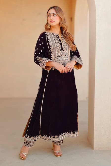 Buy Sheetal Batra Wine Silk, Velvet Embroidery Round Neck Kirandori Kurta And Salwar Set Buy_Sheetal Batra_Wine Silk, Velvet Embroidery Round Neck Kirandori Kurta And Salwar Set