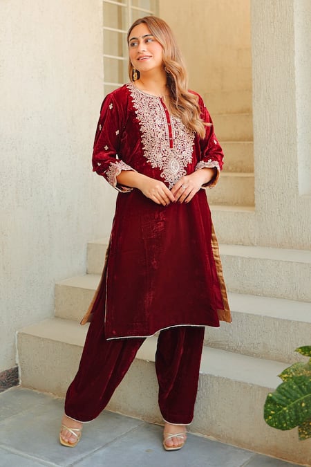Sheetal Batra Maroon Kirandori Embroidered Kurta & Salwar Set 