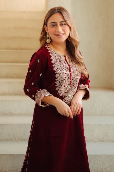 Sheetal Batra_Maroon Silk, Velvet Embroidery Round Neck Kirandori Kurta And Salwar Set _Online_at_Aza_Fashions