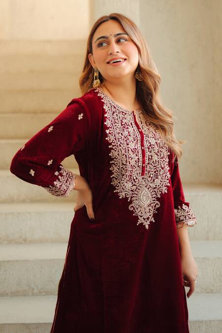 Buy_Sheetal Batra_Maroon Silk, Velvet Embroidery Round Neck Kirandori Kurta And Salwar Set _Online_at_Aza_Fashions