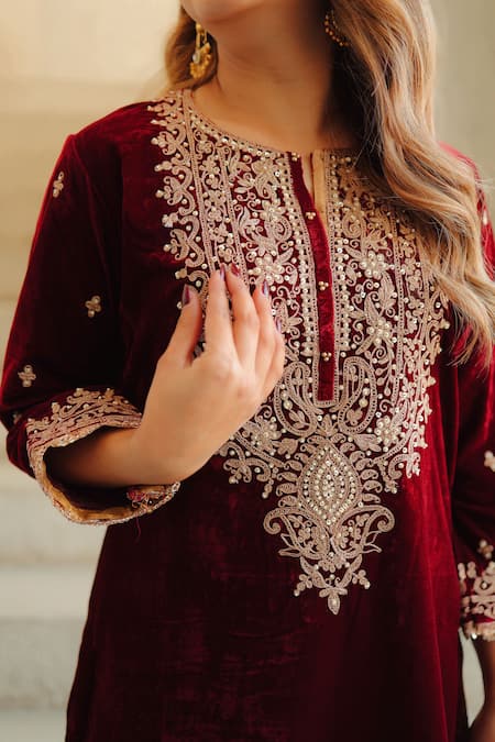 Shop_Sheetal Batra_Maroon Silk, Velvet Embroidery Round Neck Kirandori Kurta And Salwar Set _Online_at_Aza_Fashions
