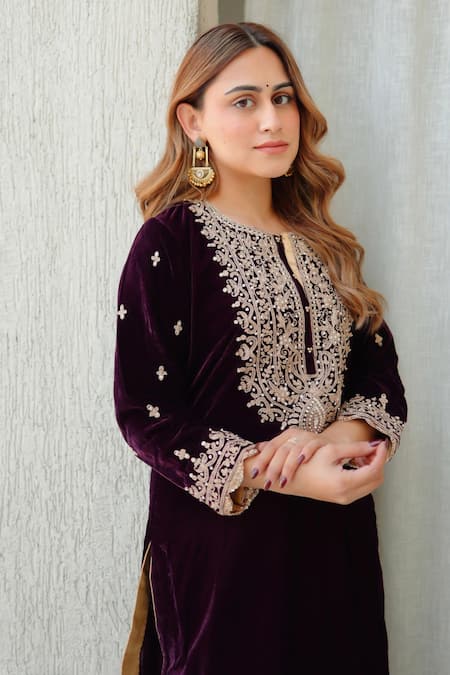 Sheetal Batra_Wine Silk, Velvet Embroidery Round Neck Kurta And Salwar Set _Online_at_Aza_Fashions