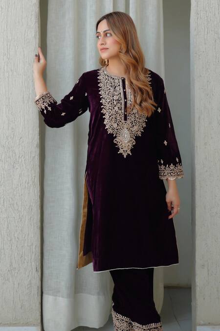 Buy_Sheetal Batra_Wine Silk, Velvet Embroidery Round Neck Kurta And Salwar Set _Online_at_Aza_Fashions
