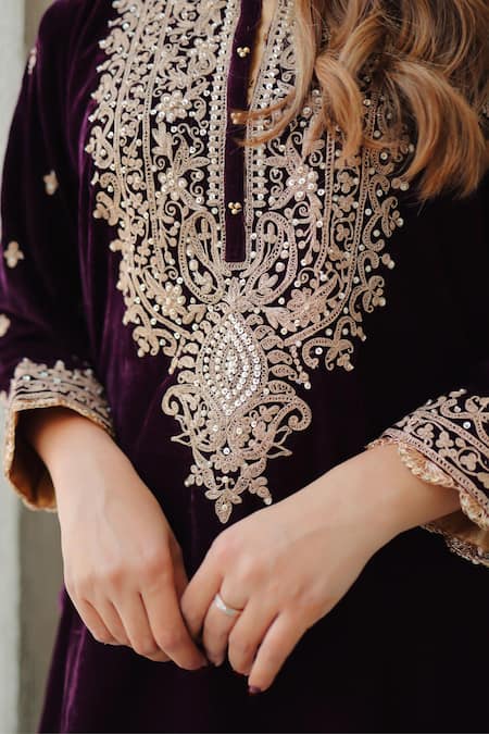 Shop_Sheetal Batra_Wine Silk, Velvet Embroidery Round Neck Kurta And Salwar Set _Online_at_Aza_Fashions