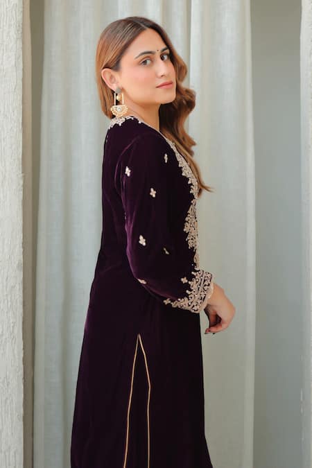 Sheetal Batra_Wine Silk, Velvet Embroidery Round Neck Kurta And Salwar Set _at_Aza_Fashions