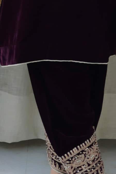 Buy_Sheetal Batra_Wine Silk, Velvet Embroidery Round Neck Kurta And Salwar Set 