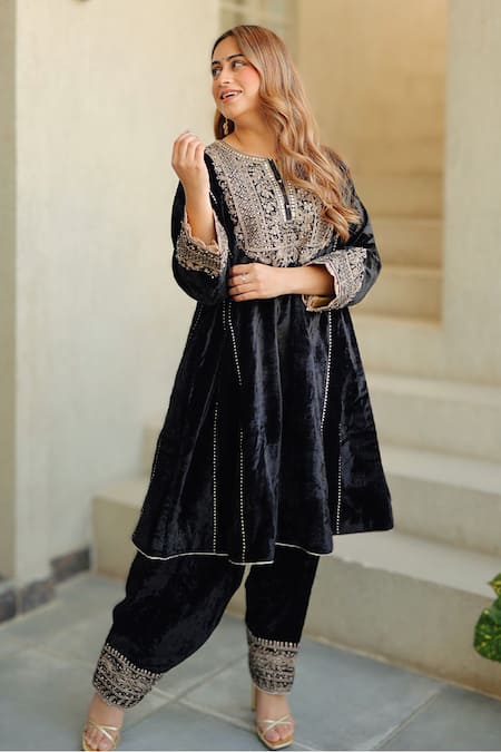 Shop Sheetal Batra Black Silk, Velvet Embroidery Round Neck Kirandori Kurta And Salwar Set at Aza Fashions Shop_Sheetal Batra_Black Silk, Velvet Embroidery Round Neck Kirandori Kurta And Salwar Set _at_Aza_Fashions