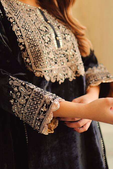Buy Sheetal Batra Black Silk, Velvet Embroidery Round Neck Kirandori Kurta And Salwar Set Online at Aza Fashions Buy_Sheetal Batra_Black Silk, Velvet Embroidery Round Neck Kirandori Kurta And Salwar Set _Online_at_Aza_Fashions
