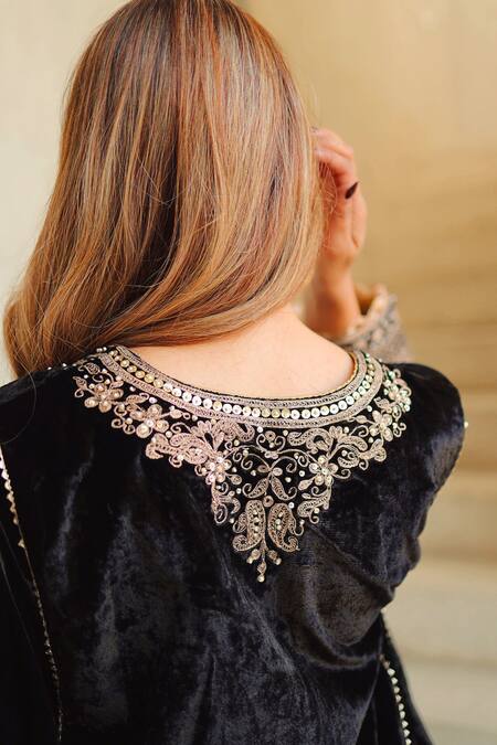 Sheetal Batra Black Silk, Velvet Embroidery Round Neck Kirandori Kurta And Salwar Set at Aza Fashions Sheetal Batra_Black Silk, Velvet Embroidery Round Neck Kirandori Kurta And Salwar Set _at_Aza_Fashions