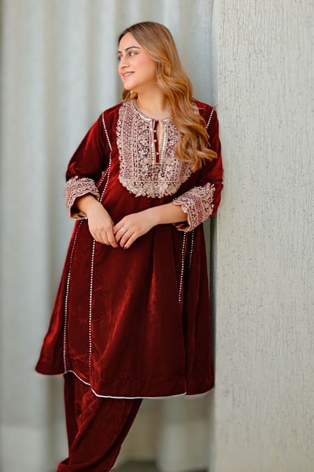 Sheetal Batra Maroon Silk, Velvet Embroidery, Sequins Round Neck Kurta And Salwar Set Online at Aza Fashions Sheetal Batra_Maroon Silk, Velvet Embroidery, Sequins Round Neck Kurta And Salwar Set _Online_at_Aza_Fashions