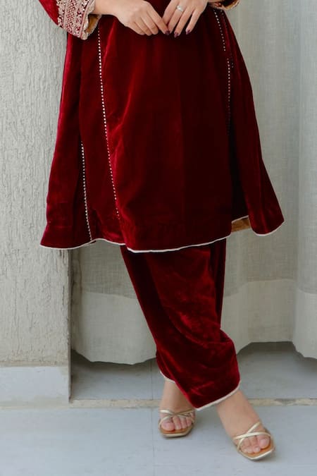 Buy Sheetal Batra Maroon Silk, Velvet Embroidery, Sequins Round Neck Kurta And Salwar Set Online at Aza Fashions Buy_Sheetal Batra_Maroon Silk, Velvet Embroidery, Sequins Round Neck Kurta And Salwar Set _Online_at_Aza_Fashions