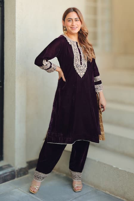 Shop_Sheetal Batra_Wine Silk, Velvet Embroidery Round Neck Kirandori Kurta And Salwar Set _at_Aza_Fashions