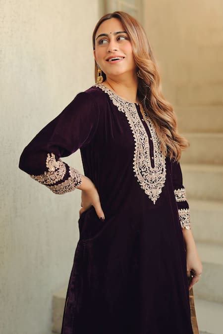 Sheetal Batra_Wine Silk, Velvet Embroidery Round Neck Kirandori Kurta And Salwar Set _Online_at_Aza_Fashions
