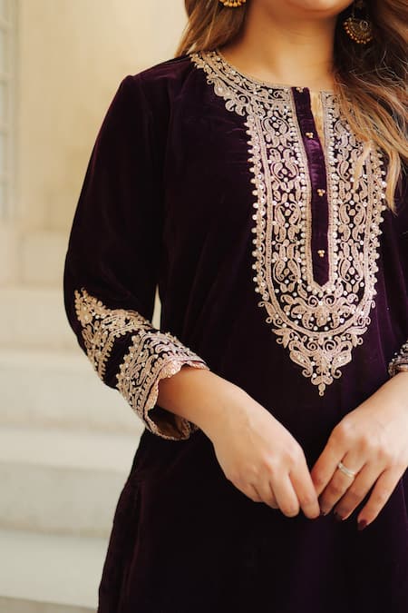 Buy_Sheetal Batra_Wine Silk, Velvet Embroidery Round Neck Kirandori Kurta And Salwar Set _Online_at_Aza_Fashions
