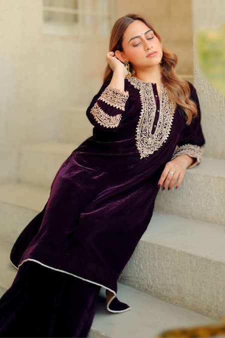 Shop_Sheetal Batra_Wine Silk, Velvet Embroidery Round Neck Kirandori Kurta And Salwar Set _Online_at_Aza_Fashions