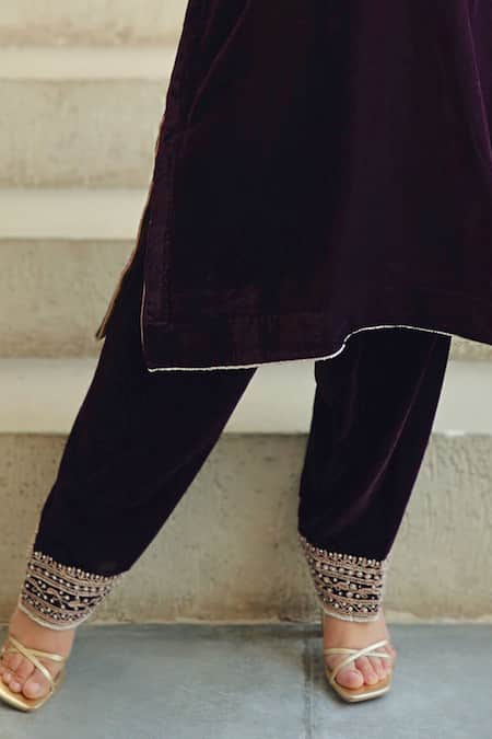 Sheetal Batra_Wine Silk, Velvet Embroidery Round Neck Kirandori Kurta And Salwar Set _at_Aza_Fashions