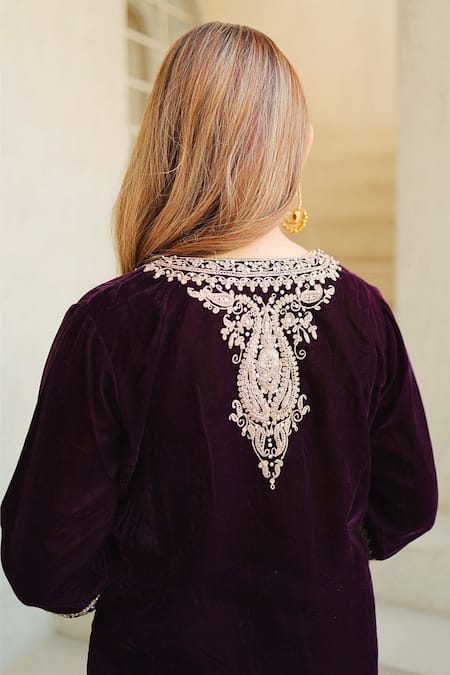 Buy_Sheetal Batra_Wine Silk, Velvet Embroidery Round Neck Kirandori Kurta And Salwar Set 