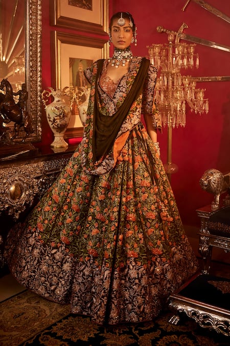 Angad Creations Green & Orange Aari Embroidered Lehenga Set 