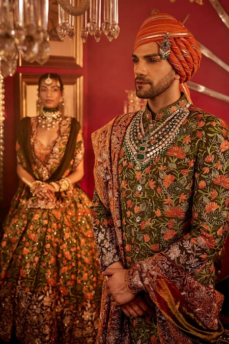Angad Creations_Green Georgette, Silk Cut Work, Embroidery Collared And Orange Aari Lehenga Set _at_Aza_Fashions