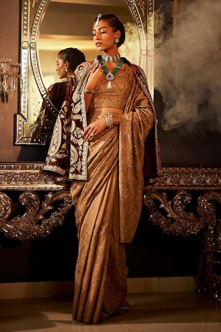 Shop Angad Creations Maroon , Satin Sequins, Embroidery Collared Jacket And Beige Saree Set at Aza Fashions Shop_Angad Creations_Maroon , Satin Sequins, Embroidery Collared Jacket And Beige Saree Set _at_Aza_Fashions