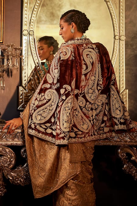 Buy Angad Creations Maroon , Satin Sequins, Embroidery Collared Jacket And Beige Saree Set Online at Aza Fashions Buy_Angad Creations_Maroon , Satin Sequins, Embroidery Collared Jacket And Beige Saree Set _Online_at_Aza_Fashions