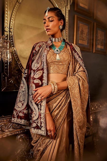 Shop Angad Creations Maroon , Satin Sequins, Embroidery Collared Jacket And Beige Saree Set Online at Aza Fashions Shop_Angad Creations_Maroon , Satin Sequins, Embroidery Collared Jacket And Beige Saree Set _Online_at_Aza_Fashions