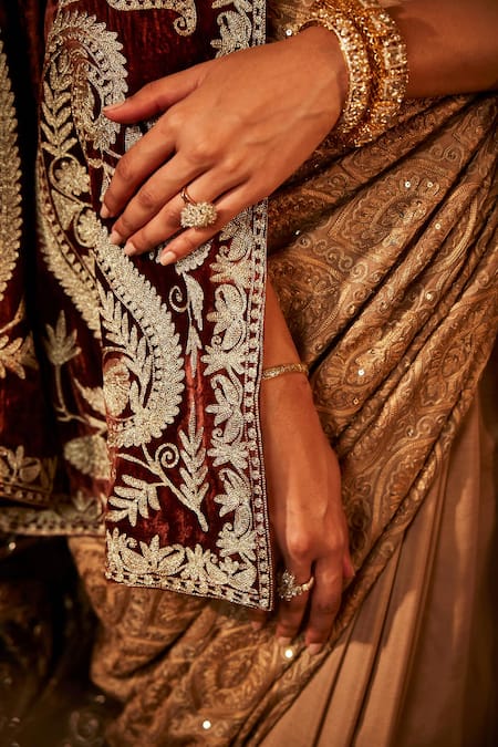 Angad Creations Maroon , Satin Sequins, Embroidery Collared Jacket And Beige Saree Set at Aza Fashions Angad Creations_Maroon , Satin Sequins, Embroidery Collared Jacket And Beige Saree Set _at_Aza_Fashions