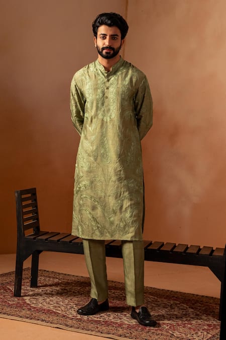 Shop Angad Creations Green Viscose, Silk Embroidery Paisley Kurta Set at Aza Fashions Shop_Angad Creations_Green Viscose, Silk Embroidery Paisley Kurta Set _at_Aza_Fashions