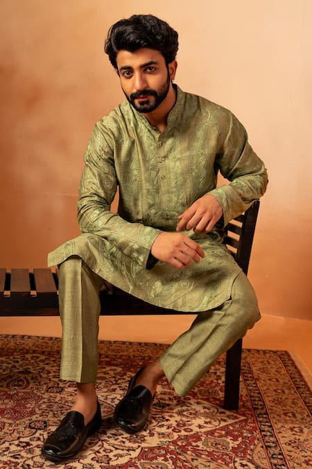 Shop Angad Creations Green Viscose, Silk Embroidery Paisley Kurta Set Online at Aza Fashions Shop_Angad Creations_Green Viscose, Silk Embroidery Paisley Kurta Set _Online_at_Aza_Fashions