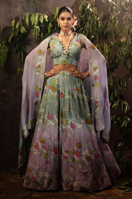 Shop Angad Creations Green Georgette Cut Work, Embroidery Plunge Neck Ombre Floral Tilla Lehenga Set at Aza Fashions Shop_Angad Creations_Green Georgette Cut Work, Embroidery Plunge Neck Ombre Floral Tilla Lehenga Set _at_Aza_Fashions