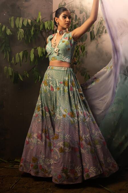 Buy Angad Creations Green Georgette Cut Work, Embroidery Plunge Neck Ombre Floral Tilla Lehenga Set Online at Aza Fashions Buy_Angad Creations_Green Georgette Cut Work, Embroidery Plunge Neck Ombre Floral Tilla Lehenga Set _Online_at_Aza_Fashions