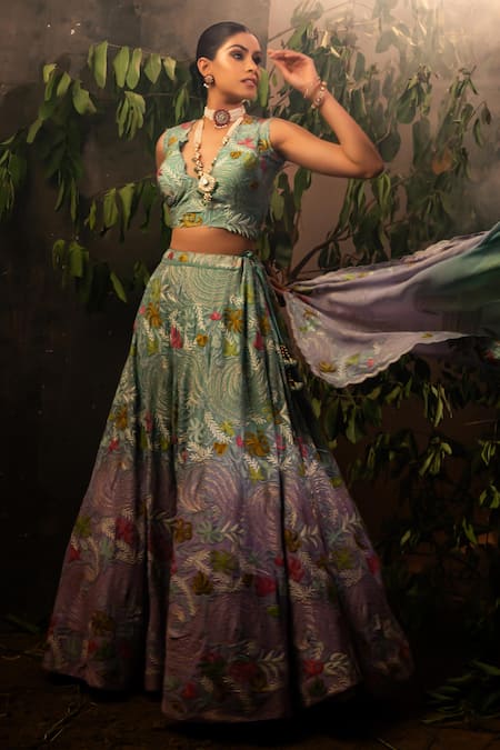 Shop Angad Creations Green Georgette Cut Work, Embroidery Plunge Neck Ombre Floral Tilla Lehenga Set Online at Aza Fashions Shop_Angad Creations_Green Georgette Cut Work, Embroidery Plunge Neck Ombre Floral Tilla Lehenga Set _Online_at_Aza_Fashions
