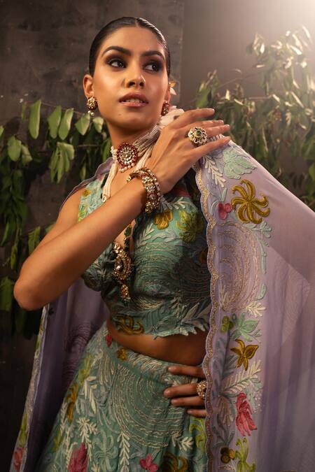 Angad Creations Green Georgette Cut Work, Embroidery Plunge Neck Ombre Floral Tilla Lehenga Set at Aza Fashions Angad Creations_Green Georgette Cut Work, Embroidery Plunge Neck Ombre Floral Tilla Lehenga Set _at_Aza_Fashions