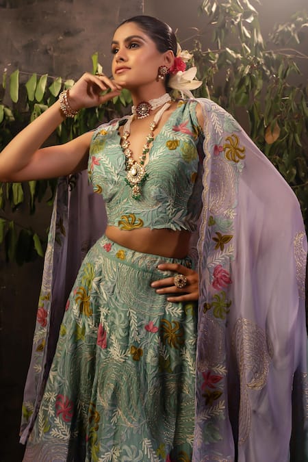 Shop Angad Creations Green Georgette Cut Work, Embroidery Plunge Neck Ombre Floral Tilla Lehenga Set Shop_Angad Creations_Green Georgette Cut Work, Embroidery Plunge Neck Ombre Floral Tilla Lehenga Set