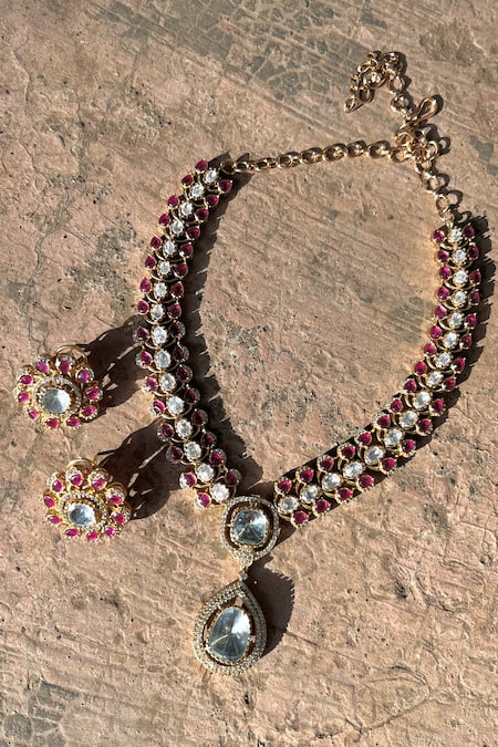 Shop Prestones Red Stones Polki Embellished Pendant Necklace Set at Aza Fashions Shop_Prestones_Red Stones Polki Embellished Pendant Necklace Set _at_Aza_Fashions