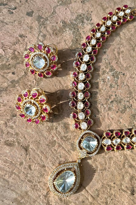 Prestones Red Stones Polki Embellished Pendant Necklace Set Online at Aza Fashions Prestones_Red Stones Polki Embellished Pendant Necklace Set _Online_at_Aza_Fashions