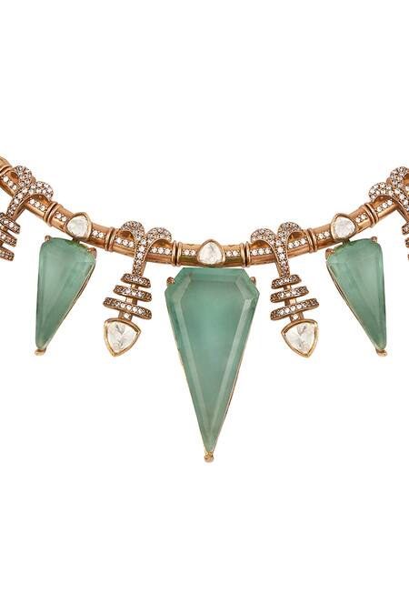 Buy_HRISHA_Blue Zari Geometric Kundan Polki Necklace Set _Online_at_Aza_Fashions