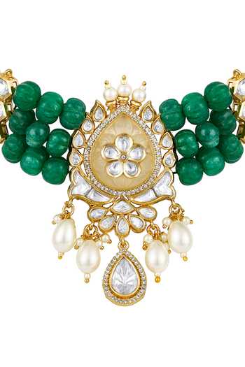 Buy_HRISHA_Green Zari Zircon Moissanite Kundan Choker Set _Online_at_Aza_Fashions