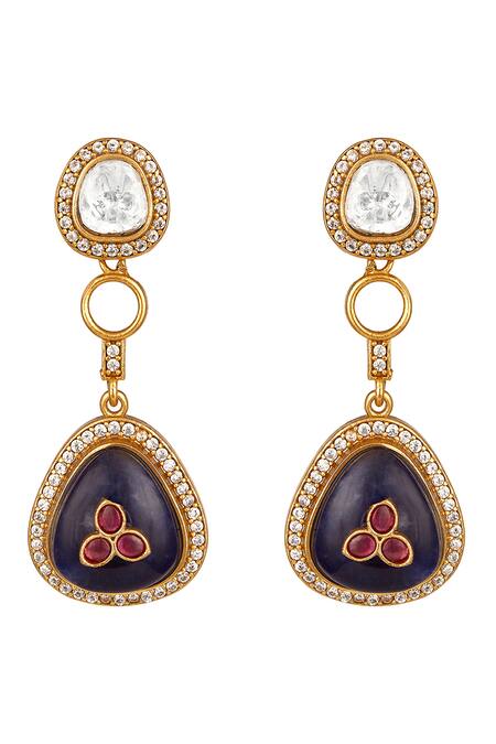 HRISHA_Blue Zari, Stones Floral Drop Necklace And Earring Set _Online_at_Aza_Fashions