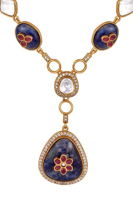 Buy_HRISHA_Blue Zari, Stones Floral Drop Necklace And Earring Set _Online_at_Aza_Fashions
