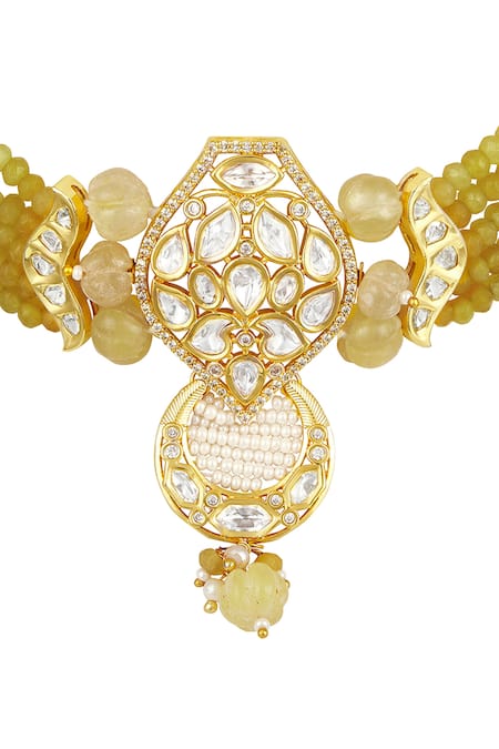 Buy_Hrisha_Yellow Zari, Applique Zircon Moissanite Kundan Polki Choker Set _Online_at_Aza_Fashions