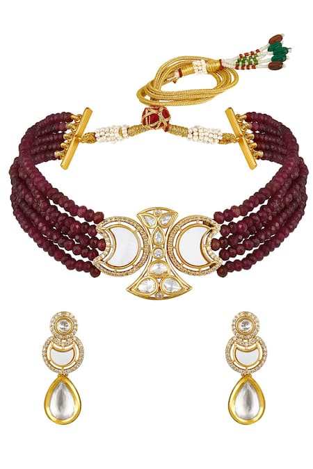 Shop HRISHA Maroon Zari, Diamonds Mother Of Pearl Kundan Choker Set at Aza Fashions Shop_HRISHA_Maroon Zari, Diamonds Mother Of Pearl Kundan Choker Set _at_Aza_Fashions