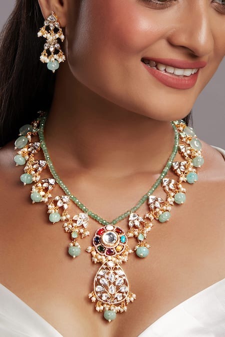 Hrisha Jewels Kundan Polki Embellished Navratna Long Necklace Set 