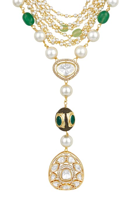 Buy HRISHA Off White Zari Kundan Polki Layered Drop Necklace Set Online at Aza Fashions Buy_HRISHA_Off White Zari Kundan Polki Layered Drop Necklace Set _Online_at_Aza_Fashions