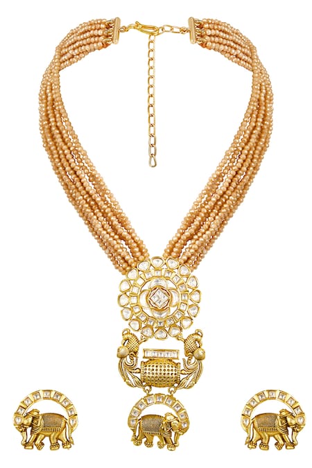 Shop HRISHA Gold Plated Crystals Kundan Polki Floral Embellished Necklace Set at Aza Fashions Shop_HRISHA_Gold Plated Crystals Kundan Polki Floral Embellished Necklace Set _at_Aza_Fashions