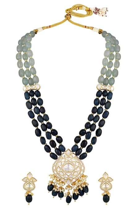 Shop HRISHA Blue Zari, Pearls Designer Moissanite Kundan Necklace Set at Aza Fashions Shop_HRISHA_Blue Zari, Pearls Designer Moissanite Kundan Necklace Set _at_Aza_Fashions